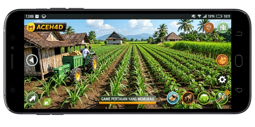 Screenshot gameplay ACEH4D menampilkan ladang yang subur dan beragam tanaman.