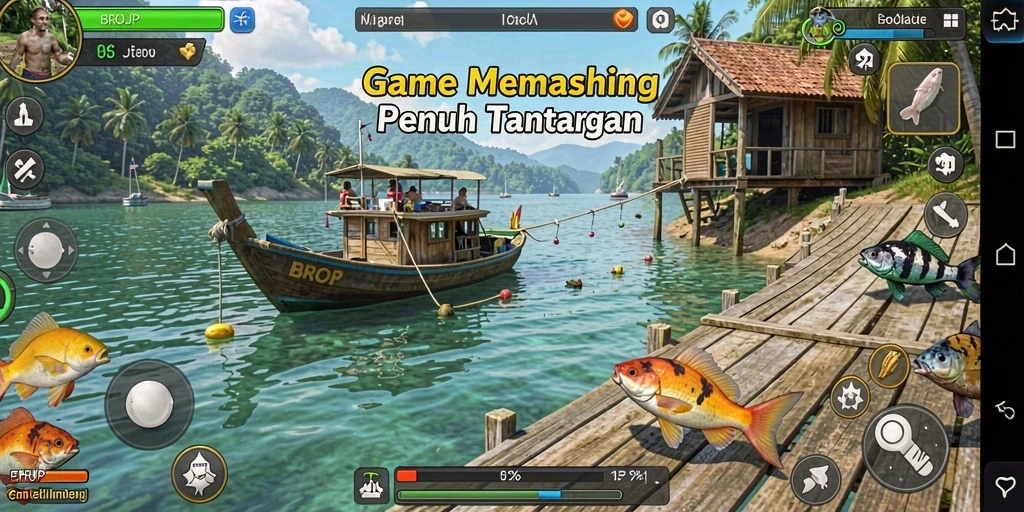 Tampilan gameplay BROJP dengan aksi memancing yang seru dan menantang.