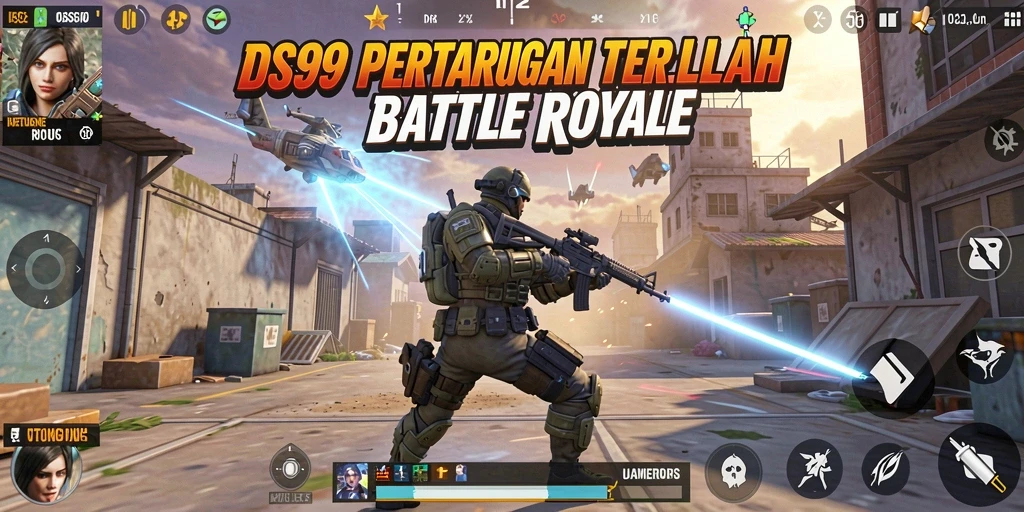 Screenshot utama DS99 menampilkan gameplay Battle Royale yang intens.