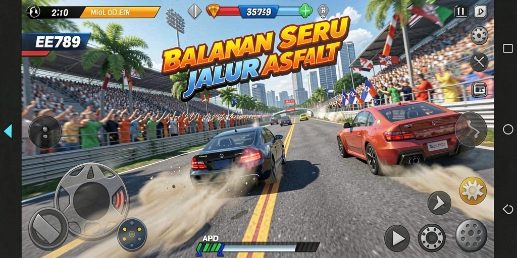 Tampilan gameplay menarik dari EE789 dengan mobil balap cepat.