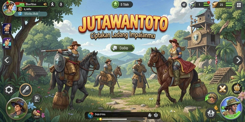 Screenshot menunjukkan kegiatan bertani di JUTAWANTOTO dengan ladang yang luas dan tanaman subur.