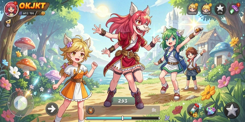 Tangkapan layar gameplay OKJKT dengan karakter Anime yang dinamis.