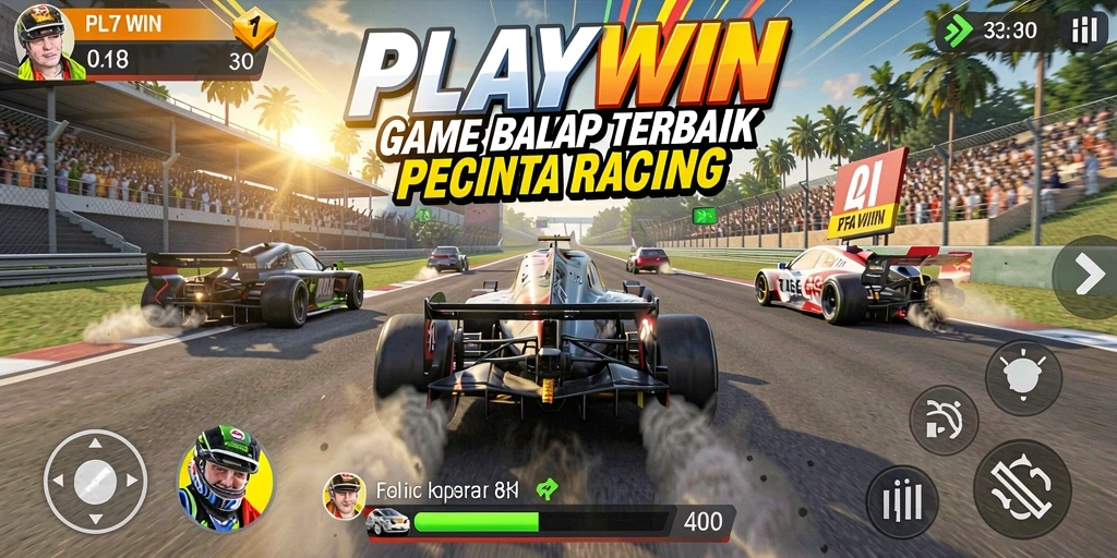 Screenshot utama PLAYWIN menampilkan aksi balap yang mendebarkan dan adrenalin tinggi.
