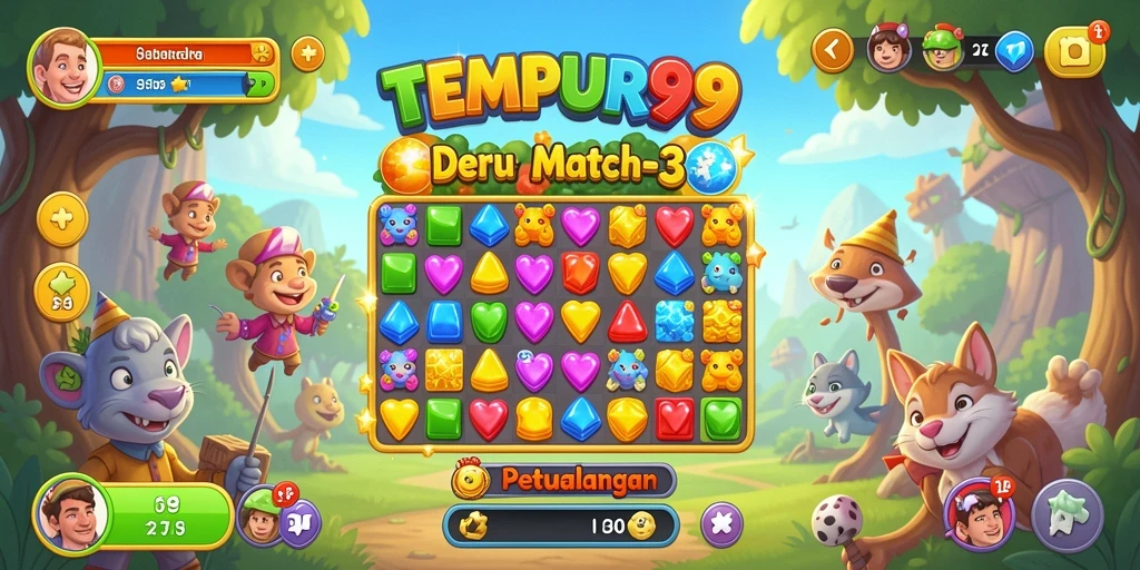 Screenshot utama TEMPUR99 menampilkan gameplay Match-3 yang seru dan penuh warna.