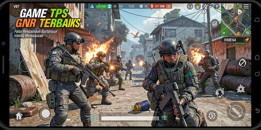 Screenshot gameplay V87 menampilkan aksi tembak-menembak yang mendebarkan.